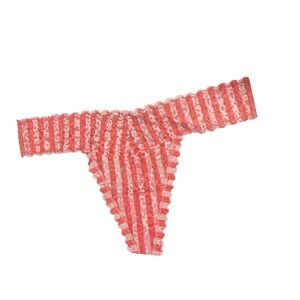 NEW Victoria's Secret VS Thong Panty Lingerie Stripe Stretch Lace Coral White  L